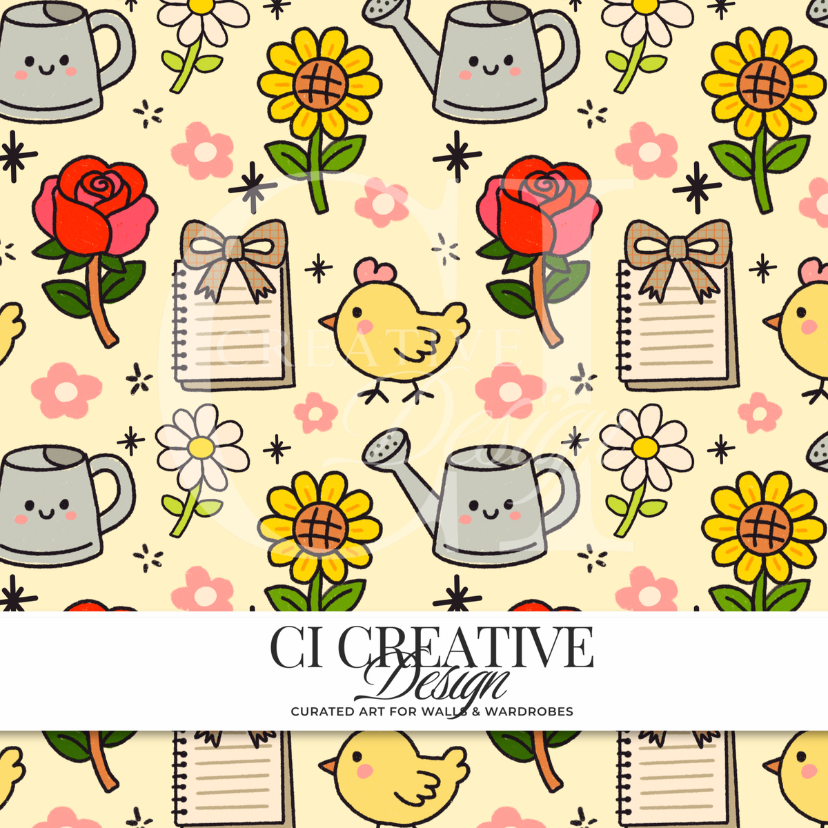 Garden Watering Can Seamless Pattern | Sunflower & Rose Digital Download PNG