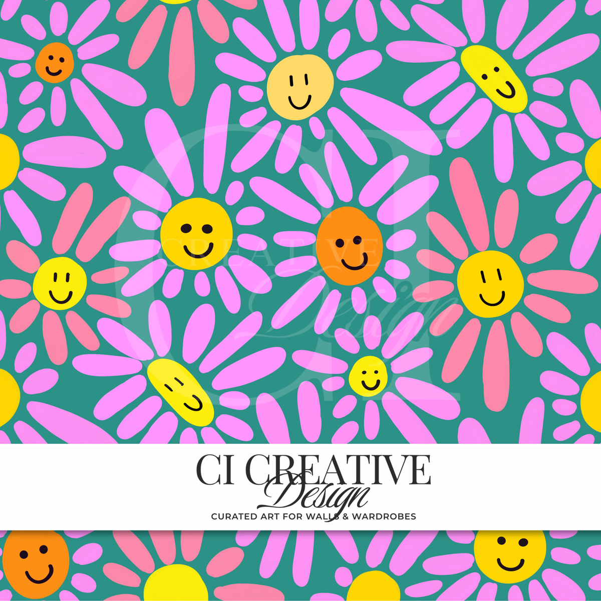 Smiley Daisy Seamless Pattern | Retro Floral Digital Download PNG