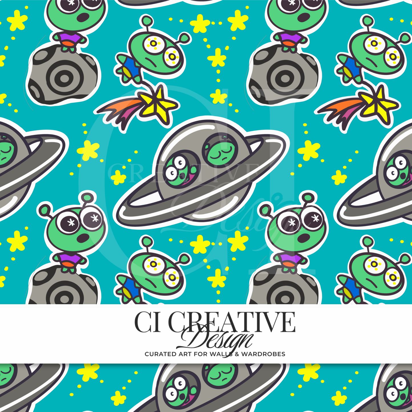 Aliens Seamless Pattern | Kawaii Space UFO Digital Download PNG