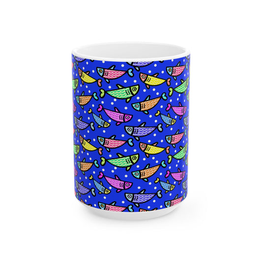 Happy Fish 2 Hand Drawn Illustration Ceramic Coffee Mug With Glossy Finish For Morning Joy