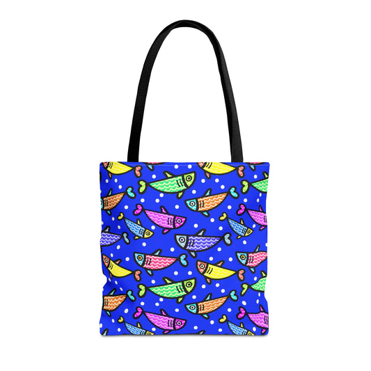 Happy Fish Tote Bag All Over Print Hand Drawn Fish Illustration Three Sizes