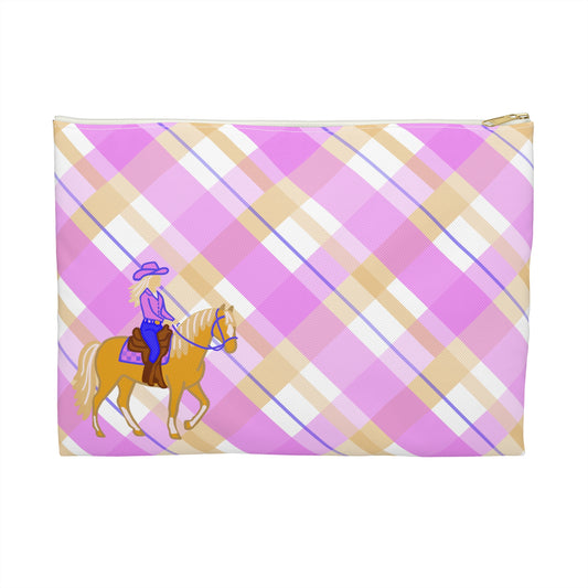 Cowgirl Plaid Accessory Pouch — Pink Plaid Horse Riding Makeup Bag