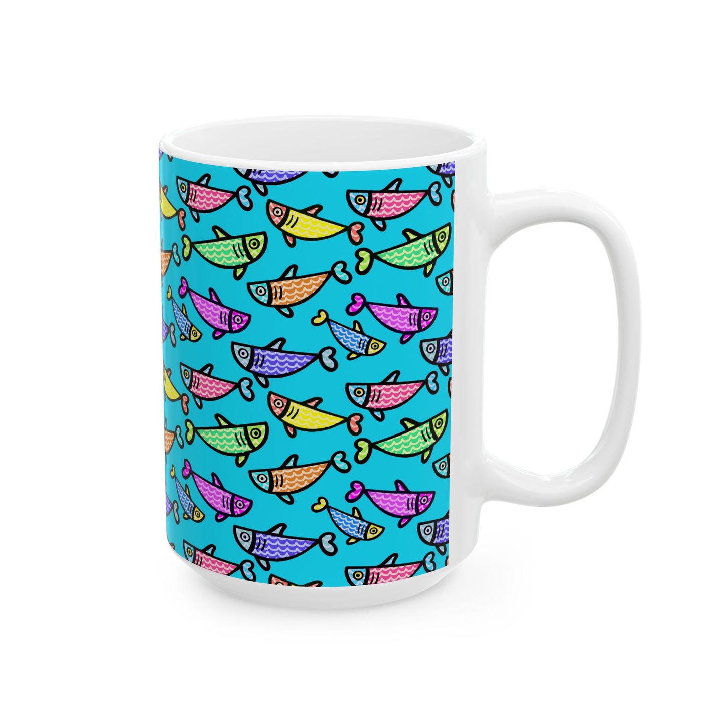 Hand Drawn Happy Fish Mug Ceramic Coffee Cup 11 Oz Glossy White Finish Artwork Gift For Coffee Lovers
