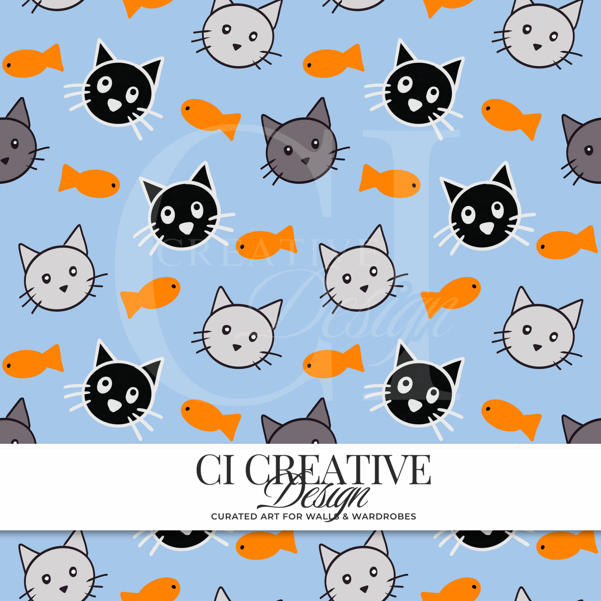 Doodle Cat Seamless Pattern | Cat & Fish Digital Download PNG