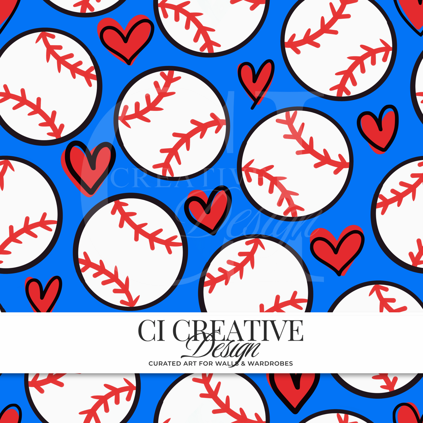 Baseball Seamless Pattern | Red Heart Digital Download PNG
