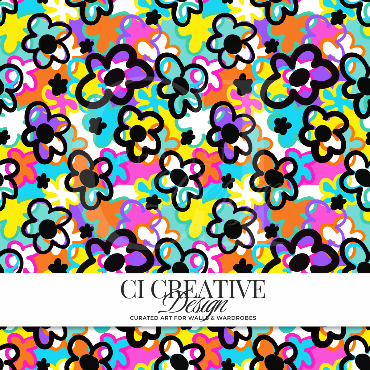 Pop Art Floral Seamless Pattern | Rainbow Flower Digital Download PNG
