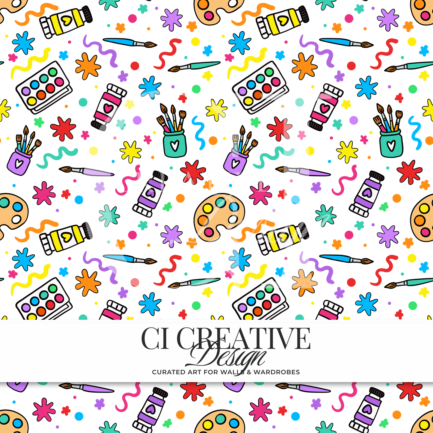 Art Supplies Seamless Pattern | Paint & Brush Digital Download PNG