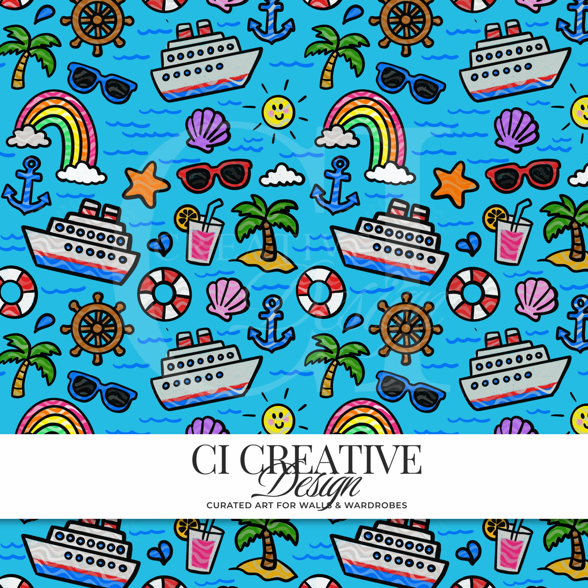 Cruise Vacation Seamless Pattern | Nautical Sticker Digital Download PNG