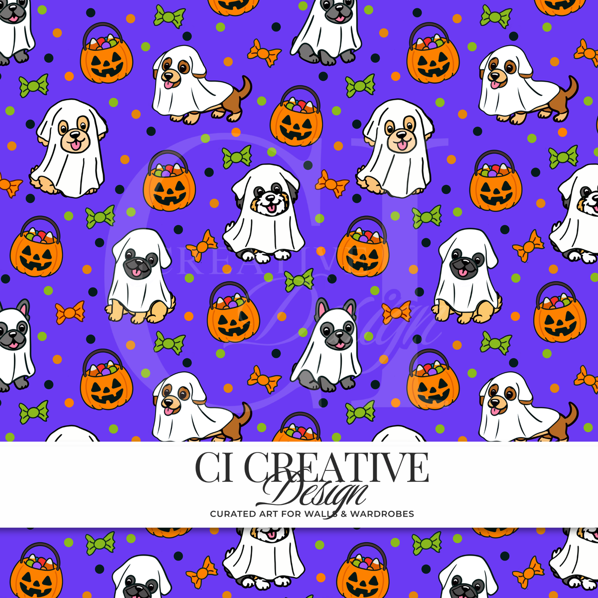 Ghost Dogs Halloween Seamless Pattern | Spooky Puppy Digital PNG