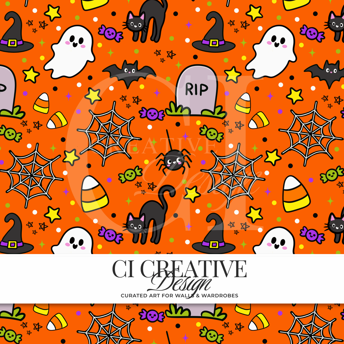 Cute Halloween Seamless Pattern | Ghosts Black Cats Candy Corn Witch Hats Spiders | Orange Halloween PNG