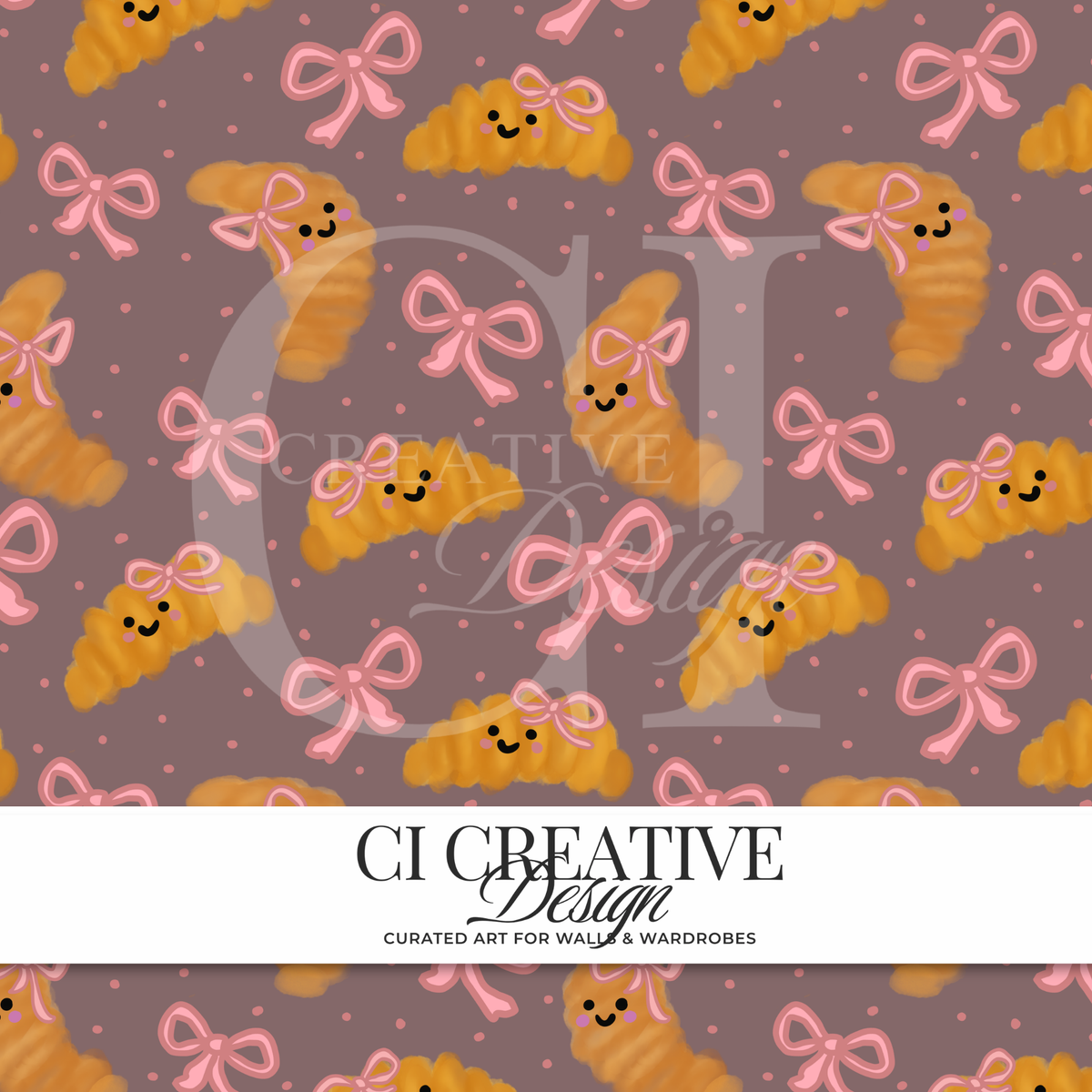 Coquette Croissants Seamless Pattern | Pink Bows Bakery Digital Paper | Kawaii Croissant PNG | Instant Download