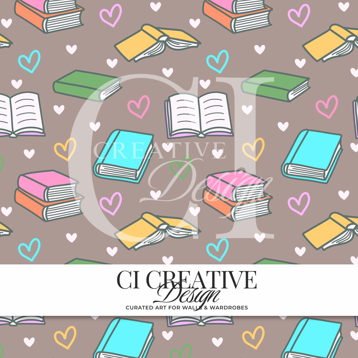 Book Lover Seamless Pattern | Colorful Books & Hearts Digital PNG | Bookish Reading Pattern Blue Tan