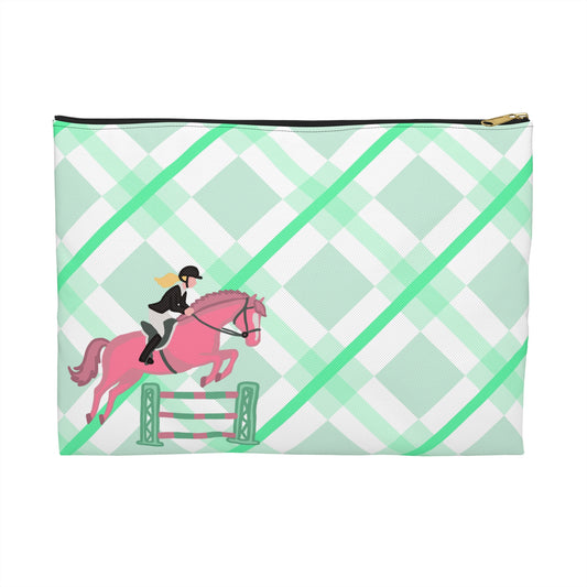 Equestrian Jumping Accessory Pouch — Mint Plaid Horse Rider Makeup Bag