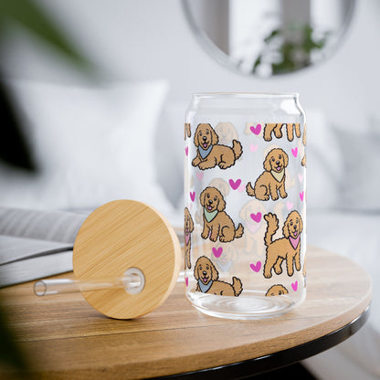 Goldendoodle Dog Sipper Glass | 16oz Glass Can with Bamboo Lid & Straw