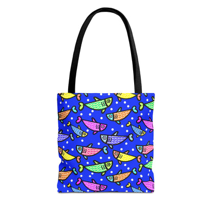 Happy Fish Tote Bag All Over Print Hand Drawn Fish Illustration Three Sizes