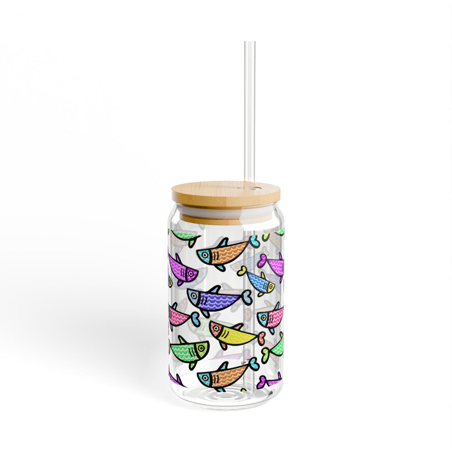 Colorful Fish Pattern Sipper Glass | 16oz Glass Can with Bamboo Lid & Straw