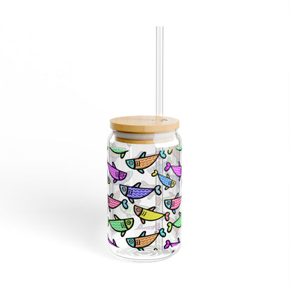 Colorful Fish Pattern Sipper Glass | 16oz Glass Can with Bamboo Lid & Straw