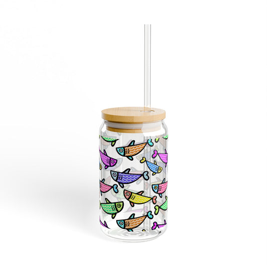 Colorful Fish Pattern Sipper Glass | 16oz Glass Can with Bamboo Lid & Straw