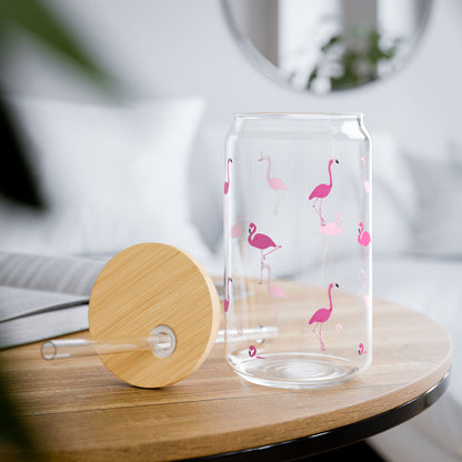 Flamingo Sipper Glass | 16oz Glass Can with Bamboo Lid & Straw