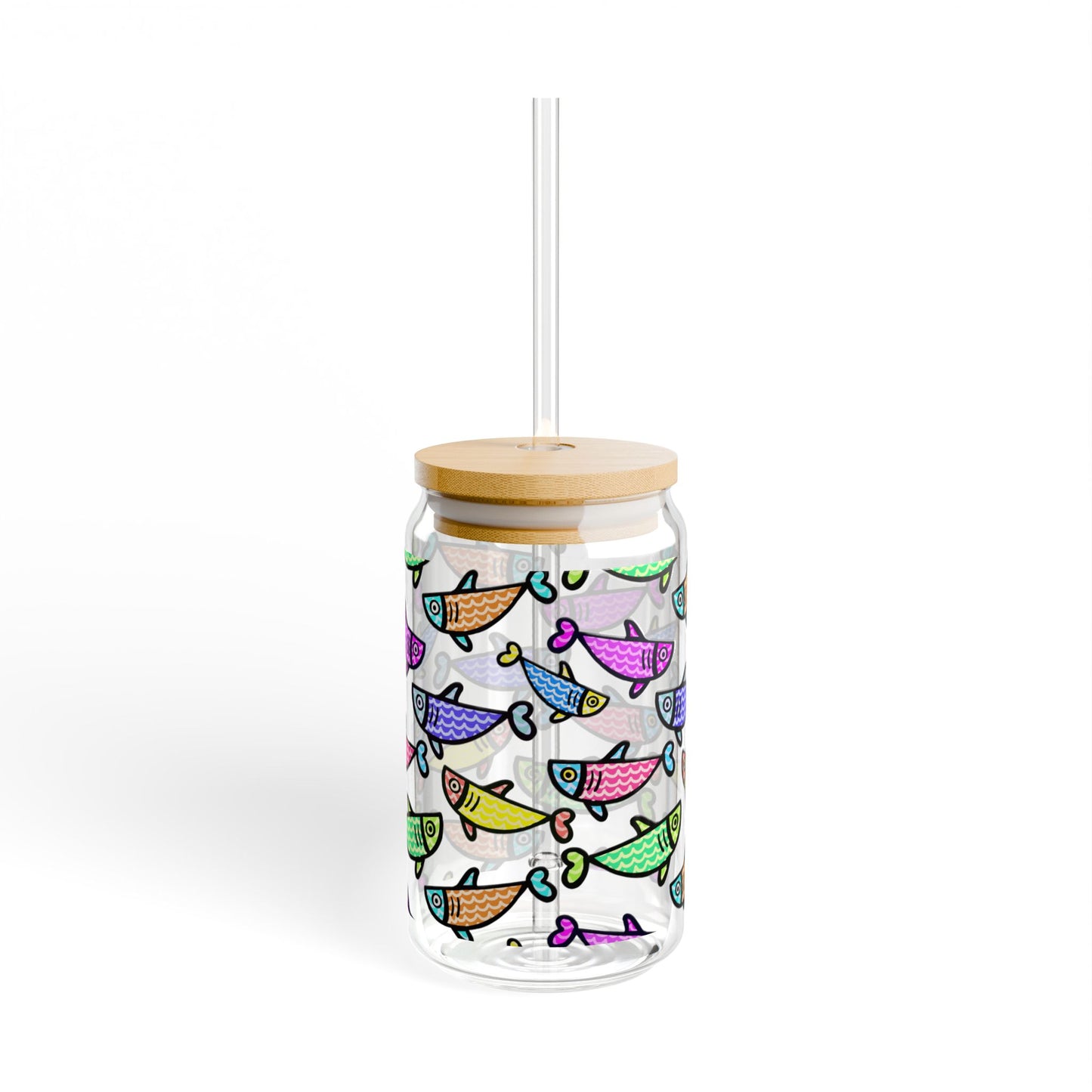 Colorful Fish Pattern Sipper Glass | 16oz Glass Can with Bamboo Lid & Straw