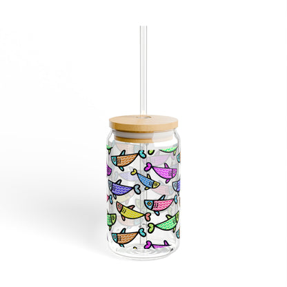 Colorful Fish Pattern Sipper Glass | 16oz Glass Can with Bamboo Lid & Straw