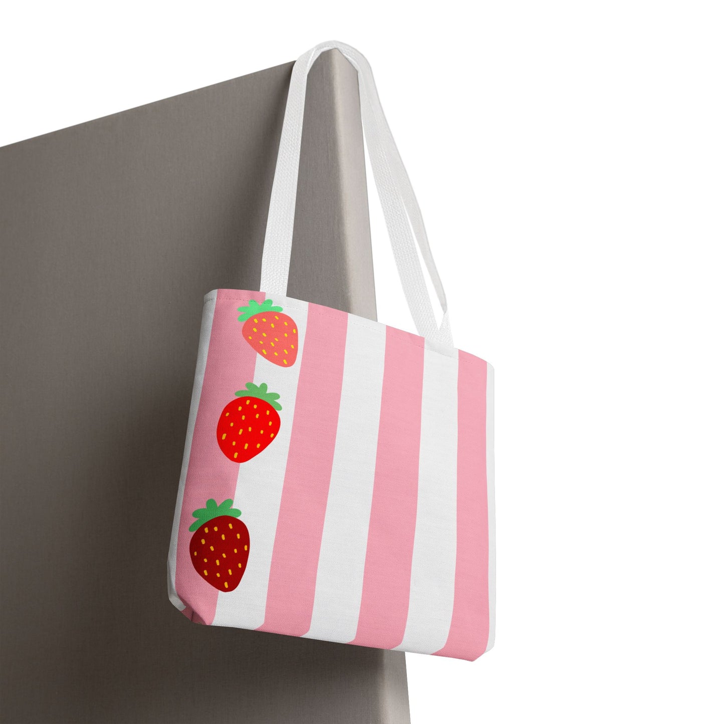 Strawberry Stripe Tote Bag With Pink Red Fruit Pattern