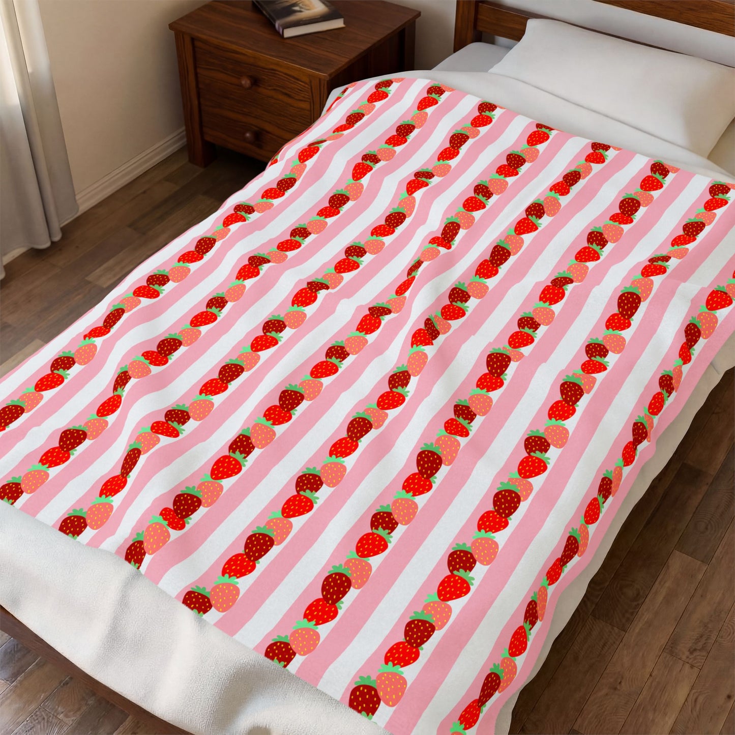 Strawberry Stripe Velveteen Throw Blanket — Cozy Plush Home Decor