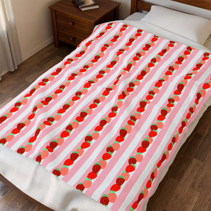 Strawberry Stripe Velveteen Throw Blanket — Cozy Plush Home Decor