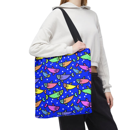 Happy Fish Tote Bag All Over Print Hand Drawn Fish Illustration Three Sizes