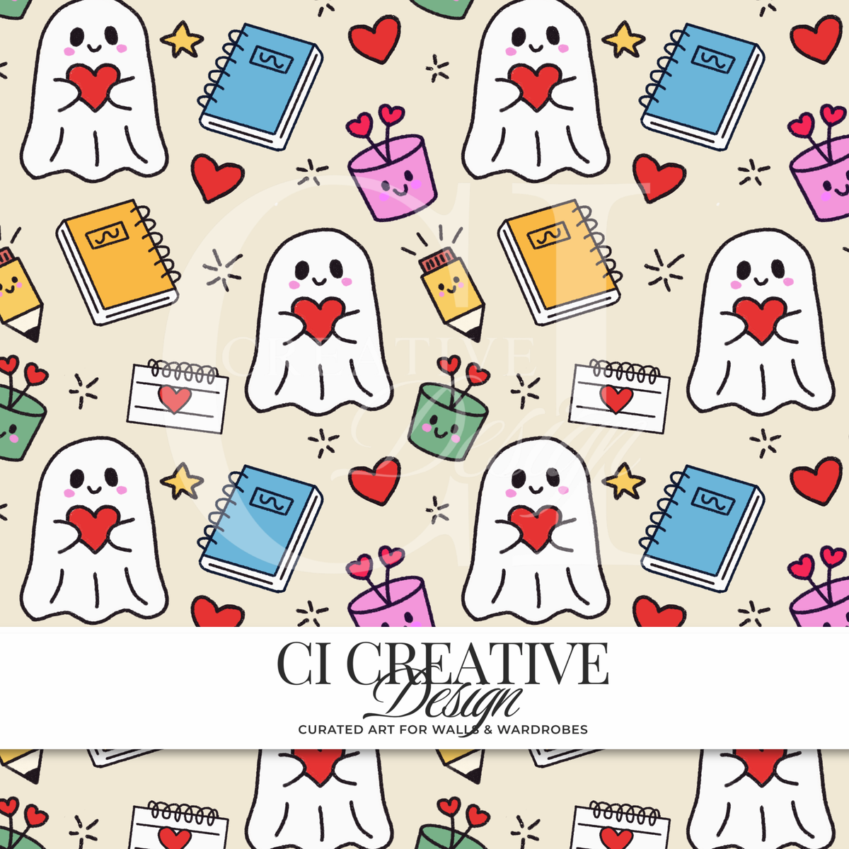 Ghost School Supplies Seamless Pattern | Kawaii Halloween Digital Download PNG