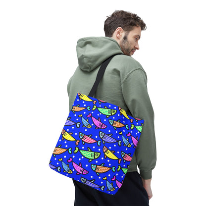Happy Fish Tote Bag All Over Print Hand Drawn Fish Illustration Three Sizes