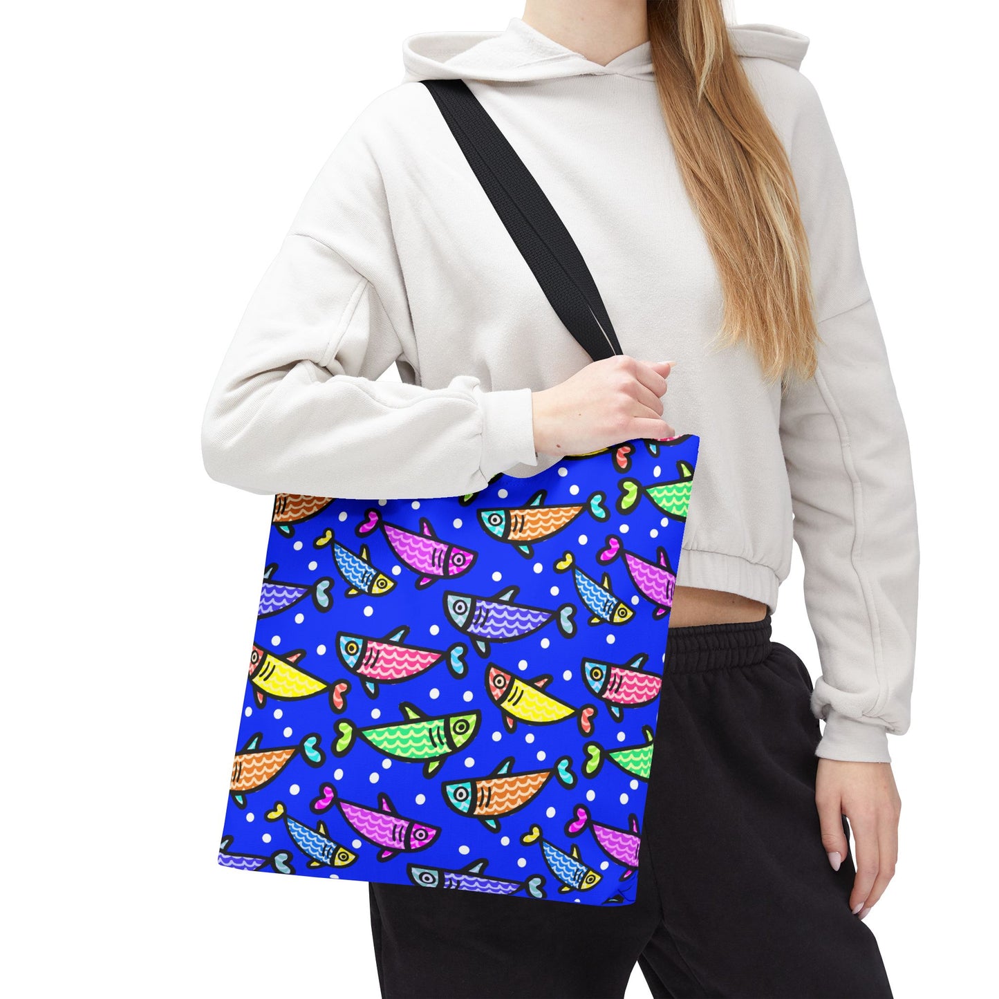 Happy Fish Tote Bag All Over Print Hand Drawn Fish Illustration Three Sizes