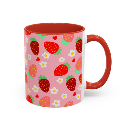 Strawberry Love Cup Ceramic Coffee Mug 11oz 15oz Pink Interior Pink Handle White With Striped Strawberry Pattern