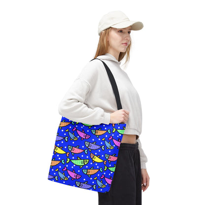 Happy Fish Tote Bag All Over Print Hand Drawn Fish Illustration Three Sizes