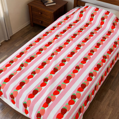 Strawberry Stripe Velveteen Throw Blanket — Cozy Plush Home Decor