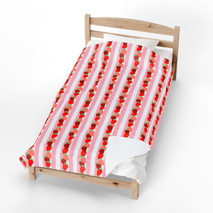 Strawberry Stripe Velveteen Throw Blanket — Cozy Plush Home Decor