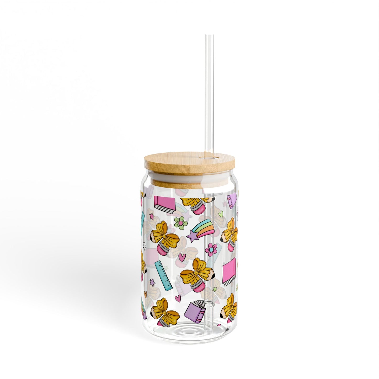 Teacher School Supplies Sipper Glass | 16oz Glass Can with Bamboo Lid & Straw