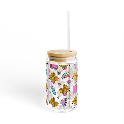 Teacher School Supplies Sipper Glass | 16oz Glass Can with Bamboo Lid & Straw