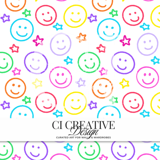 Rainbow Smiley Face Seamless Pattern | Outline Crayon Digital Download PNG