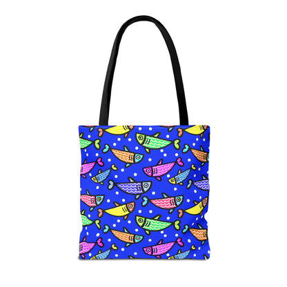 Happy Fish Tote Bag All Over Print Hand Drawn Fish Illustration Three Sizes