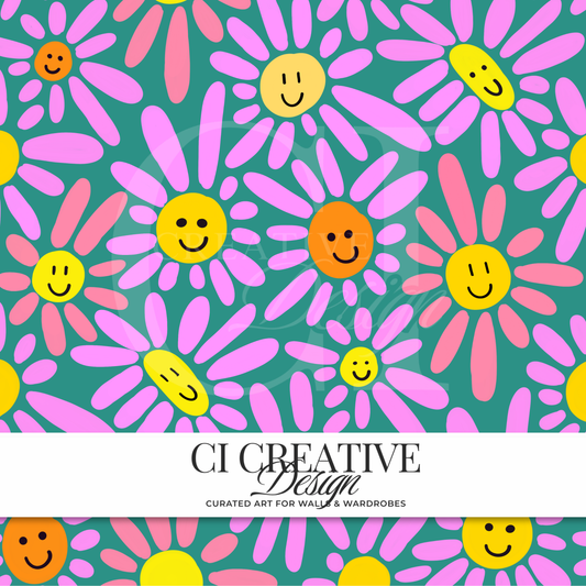 Smiley Daisy Seamless Pattern | Retro Floral Digital Download PNG