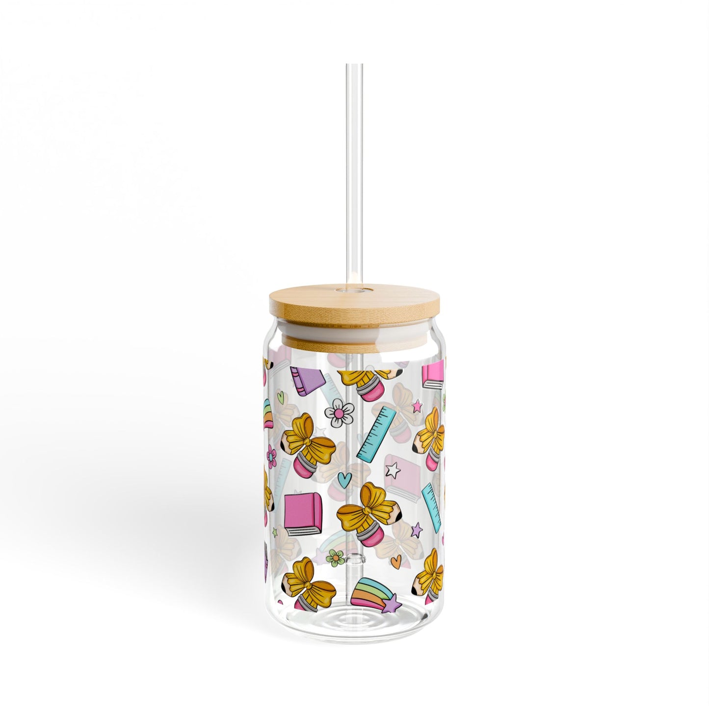 Teacher School Supplies Sipper Glass | 16oz Glass Can with Bamboo Lid & Straw