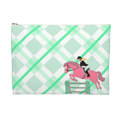 Equestrian Jumping Accessory Pouch — Mint Plaid Horse Rider Makeup Bag