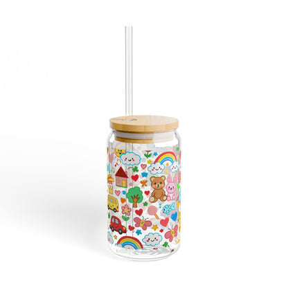 School Doodles Teacher Sipper Glass | 16oz Glass Can with Bamboo Lid & Straw