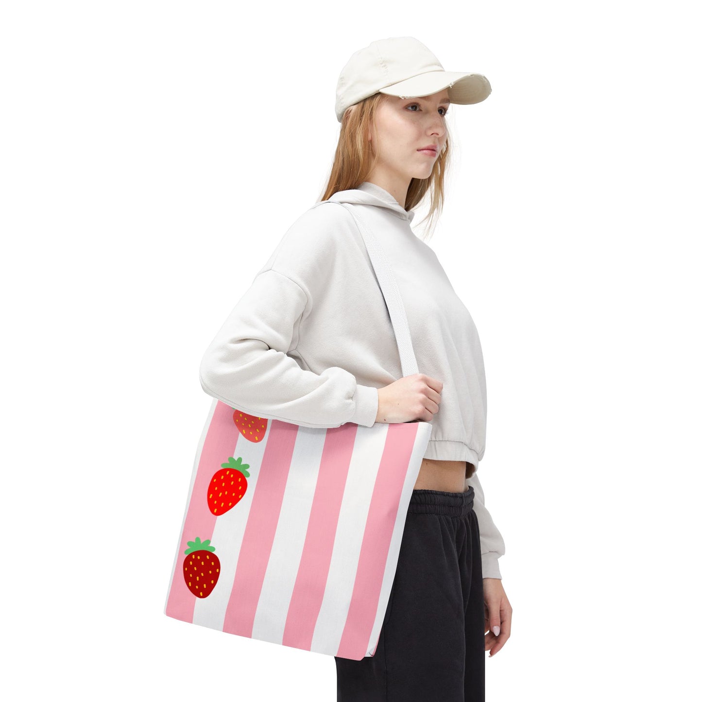 Strawberry Stripe Tote Bag With Pink Red Fruit Pattern
