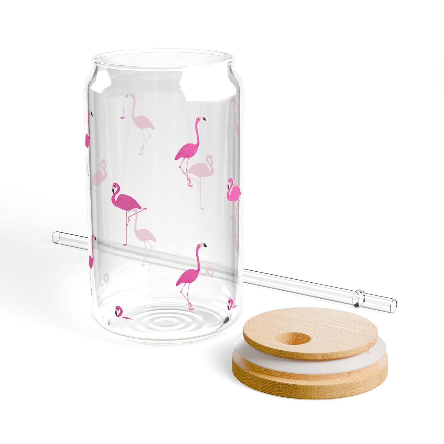Flamingo Sipper Glass | 16oz Glass Can with Bamboo Lid & Straw