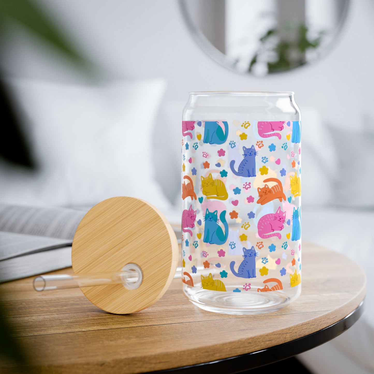 Colorful Cat Pattern Sipper Glass | 16oz Glass Can with Bamboo Lid & Straw