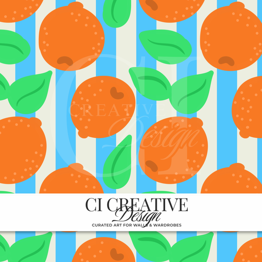 Citrus Fruit Seamless Pattern | Orange Blue Stripe Digital Download PNG