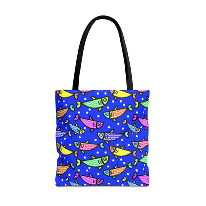 Happy Fish Tote Bag All Over Print Hand Drawn Fish Illustration Three Sizes