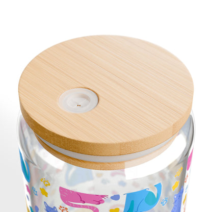 Colorful Cat Pattern Sipper Glass | 16oz Glass Can with Bamboo Lid & Straw